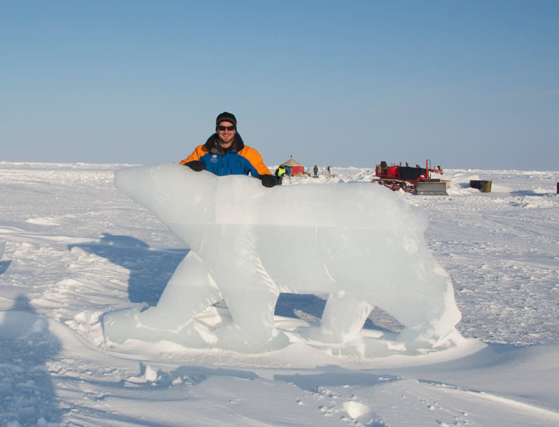 Jake and a polar bear made of ice