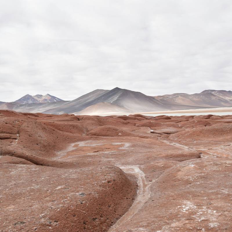 Karge, rotbraune Felslandschaft der Atacama-Wüste in Chile. Im Vordergrund erstreckt sich eine erodierte, wellige Gesteinsformation, im Hintergrund sind dunkle Vulkankegel sowie ein heller Salzsee (Salar) unter bewölktem Himmel zu sehen.