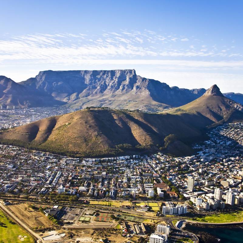 Aerial view of Cape Town, with Green Point and Sea Point, Table Mountain, Lion's Head, Signal Hill and Devil's Peak