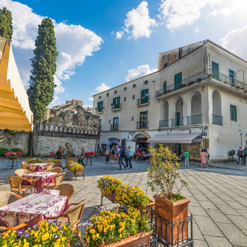 History of Italy - Duomo square under a cloudy sky in world famous Ravello, Amalfi coast.