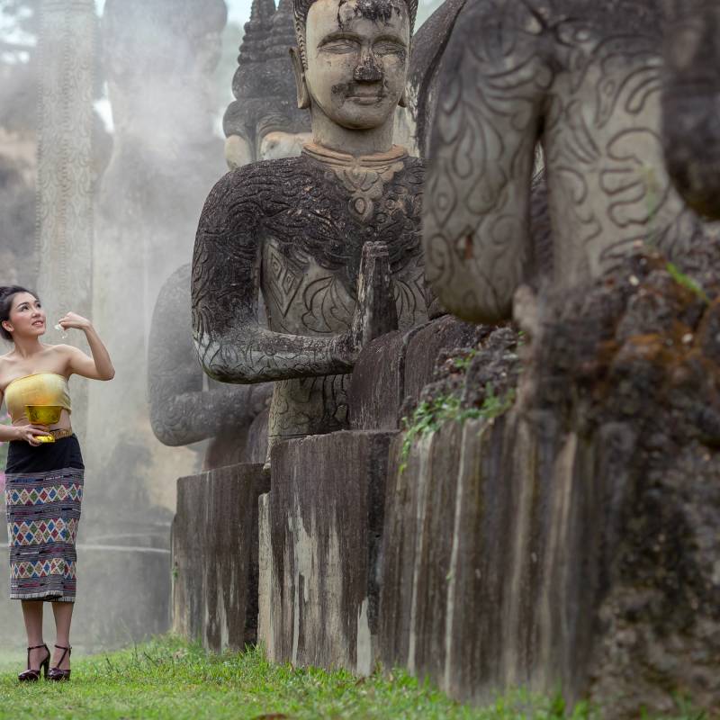 Beautiful Lao woman splashing water during Songkran Festival, Lao Vientiane Tradition, Asia - Laos travel guide