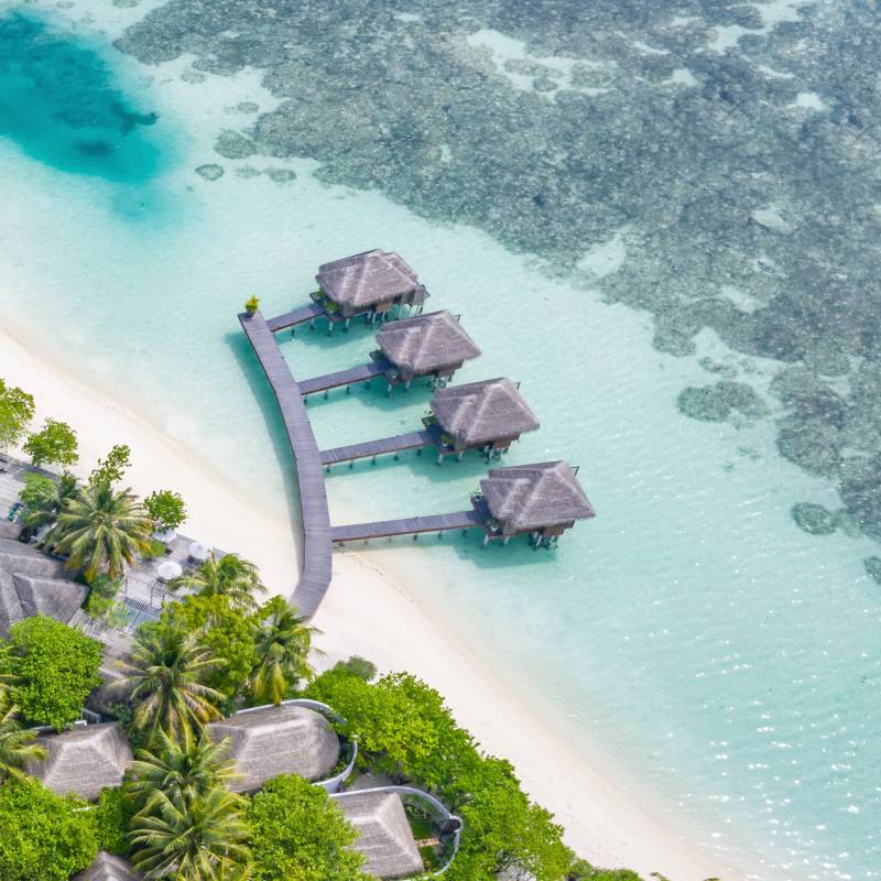 Aerial view of beautiful white sand beach, palm trees and villas, bungalows luxury beach scene of Maldives island