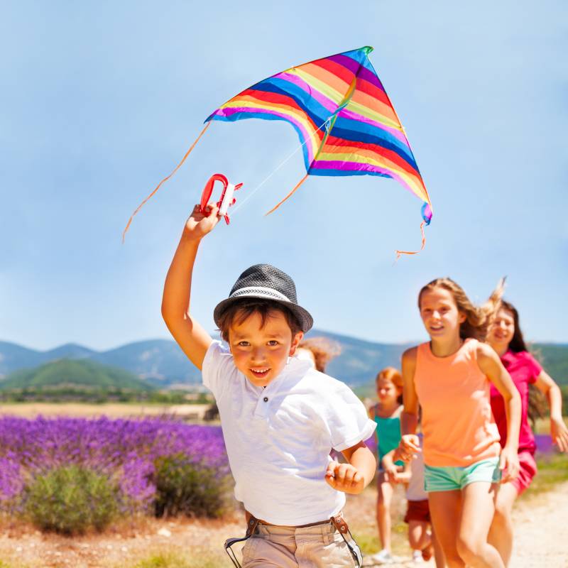 Happy boy flying rainbow kite with his friends