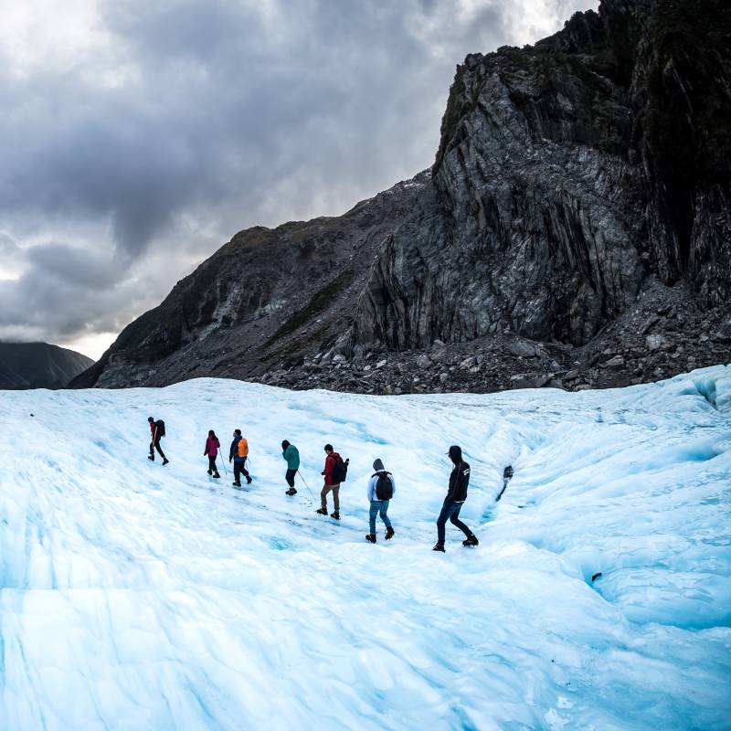 Hikers and travelers walking on ice in Fox Glacier