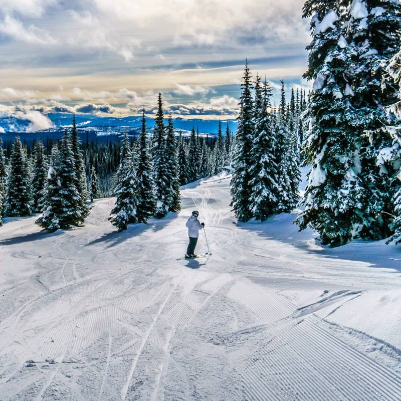 Skiing under Sunset in a Winter Landscape in the High Alpine on the Ski Hills of Sun Peaks in the Shuswap Highlands of central British Columbia, Canada