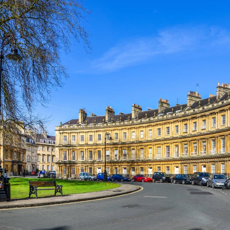 The Circus -- the iconic British style architecture buildings.The historic street of large townhouses in the city of Bath, United Kingdom