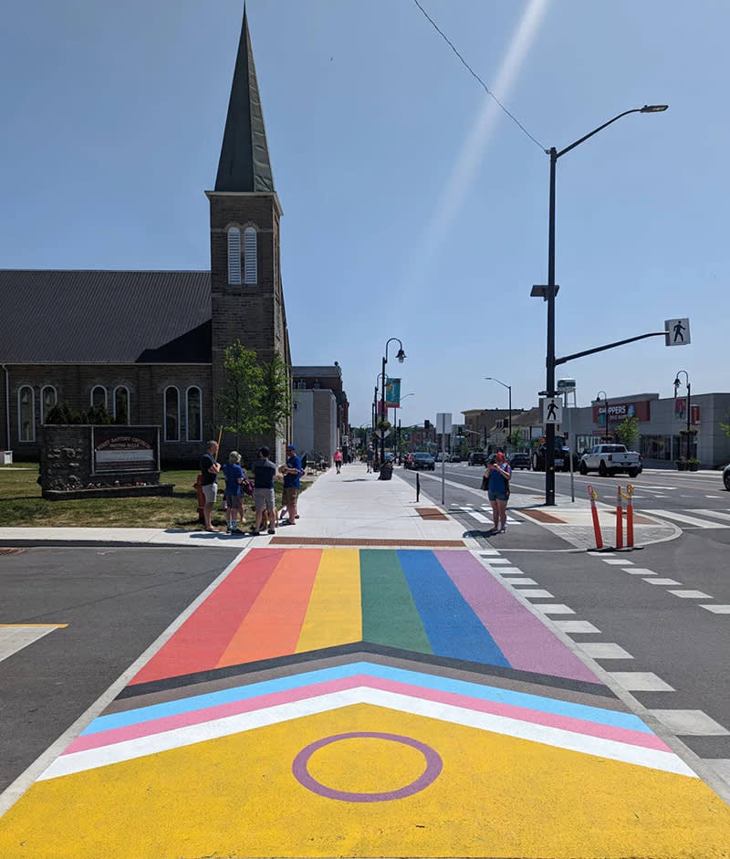 Crosswalk decorated for Pride in Smiths Falls, Ontario