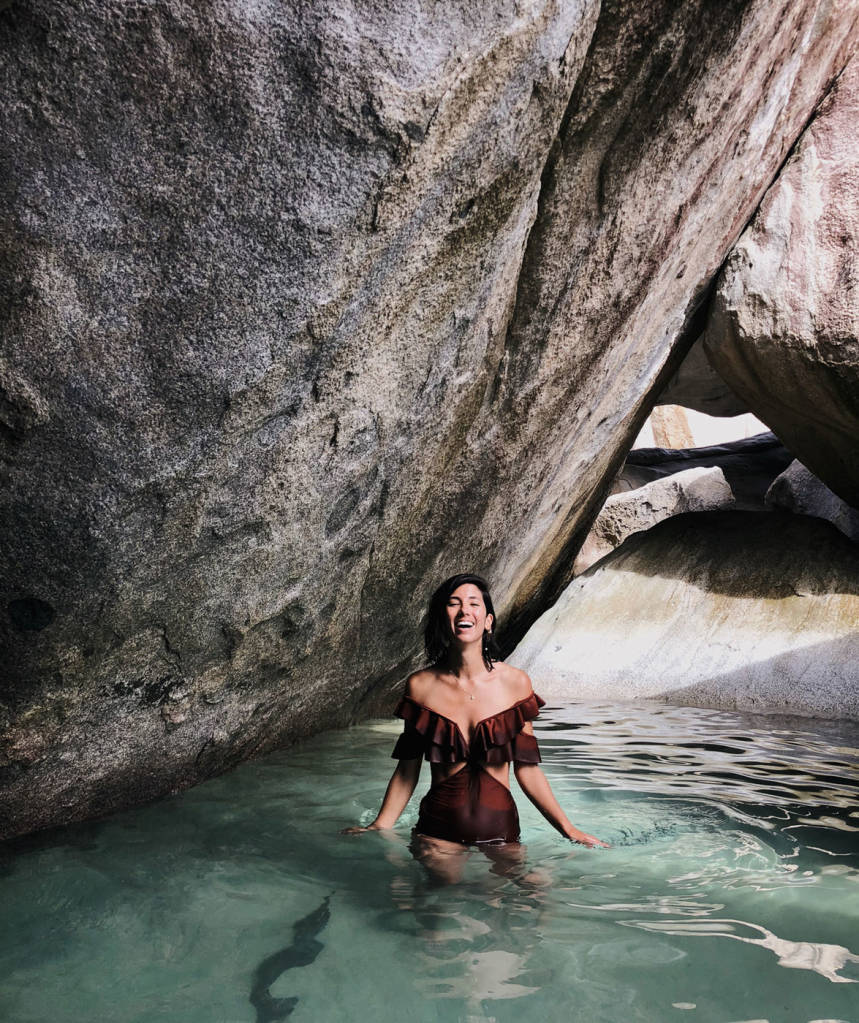 Woman in one-piece bathing suit