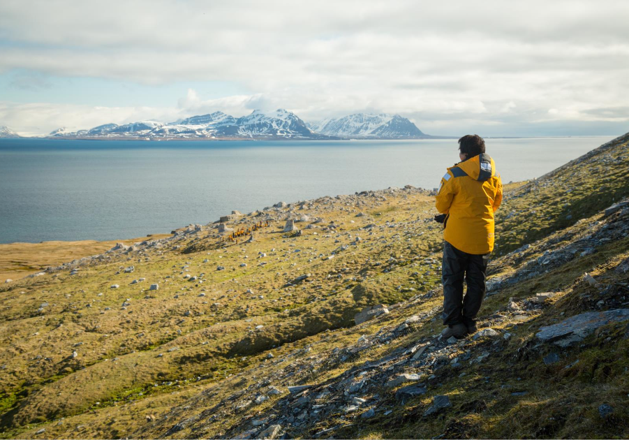Guest hiking in Svalbard. Photo by Acacia Johnson. 