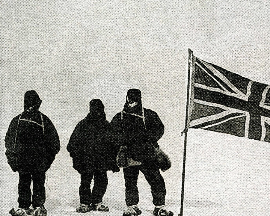 Photo of Ernest Shackleton and crew after reaching Antarctica.