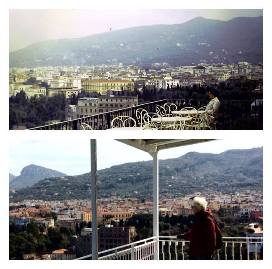 Sheila on the balcony then and now