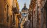 Scenic view of the baroque sicilian town Ragusa Ibla and St. George's Cathedral dome in Sicily, Italy