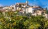 Villagescape of Selva with gothic catholic parish church Església de Sant Llorenç and orange trees, Majorca, Mallorca, Balearic Islands, Spain, Europe