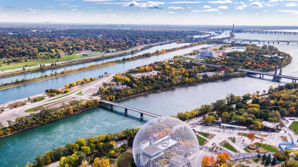 aerial view of river and bridges, big dome building