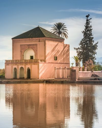 Menara gardens reflecting pool and pavilion, Marrakech, Morocco, Africa