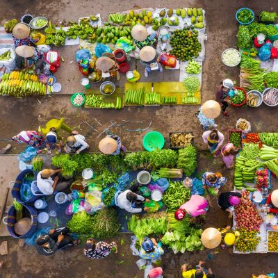 Schwimmender Markt bei Can Tho aus der Vogelperspektive