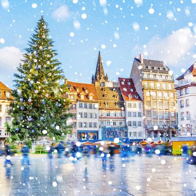 Christmas tree and xmas market at Kleber Square in medieval city of Strasbourg