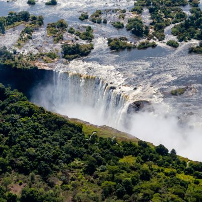 Victoria falls, surrounding area is the National Parks and World Heritage Site (aerial view) - Zambia, Zimbabwe, Africa