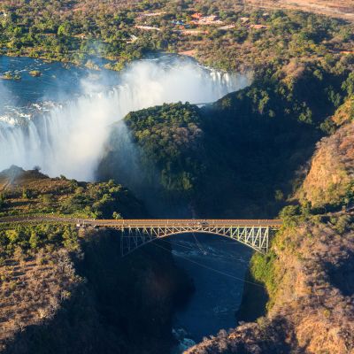Bird eye view of the Victoria falls waterfall on Zambezi river, Africa