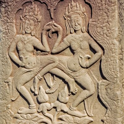 Carving on stone temple at Angkor Wat city in Siem Reap, Cambodia, Asia