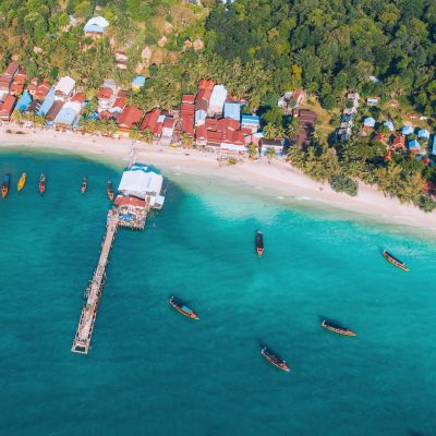 Cambodia aerial view of Koh Rong island , village on the beach nearby ocean, Asia