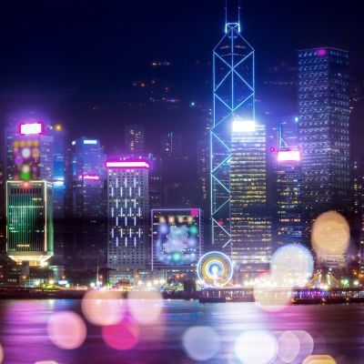 Double exposure with bokeh light in the Hong Kong city, Asia
