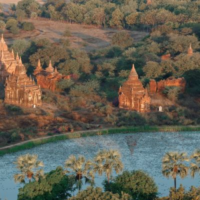Ancient pagodas in Bagan with altitude balloon Myanmar, Asia