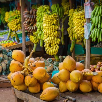 A lot of tropical fruits in outdoor market in Sri-Lanka, Asia