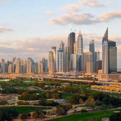 An early morning panoramic view of Dubai high-rises