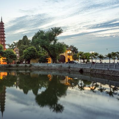 Tran Quoc pagoda during sunset time, the oldest temple in Hanoi, Vietnam. Hanoi cityscape