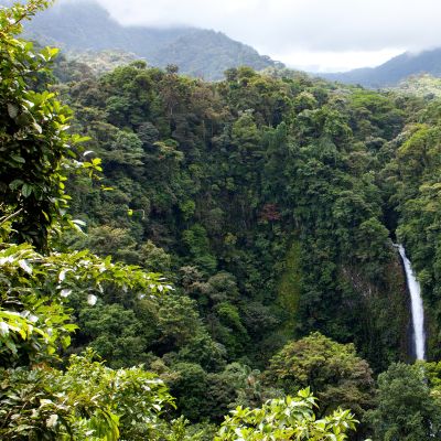 Wide angle view of La Fortuna de San Carlos waterfall in Arenal volcano national park, Costa Rica