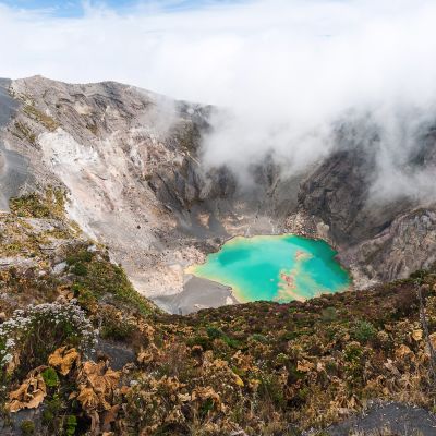 Panorama Volcano Irazu with emerald lake in the crater. Central America. Costa Rica