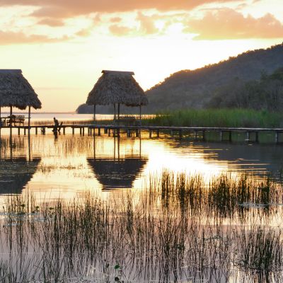 Sunset landscape at the lake Peten Itza in El Ramate, Guatemala, Central America