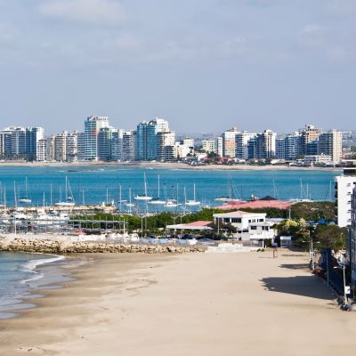 Salinas beach with apartment buildings and yacht club in Ecuador, Pacific Coast, South America