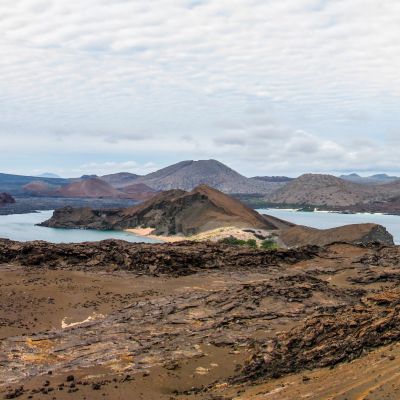 Panorama of the Galapagos Islands from the height of the island of Bartolome, Galapagos. Ecuador, South America