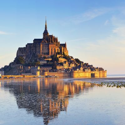 Beautiful panoramic view of famous Le Mont Saint-Michel tidal island, Normandy, northern France, Europe