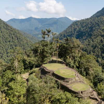 Aerial view of the archeological site in Colombia, named Lost City, Ciudad Perdida, surrounded by the Sierra Nevada mountains