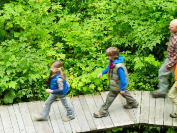 family walking on bridge