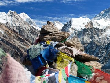 View of everest from Gokyo Ri with prayer flags, Nepal