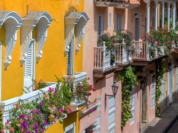 Colonial buildings and balconies in the historic center of Cartagena, Colombia