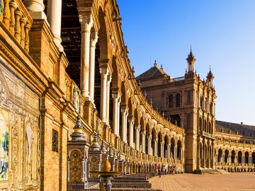 Spanish Square (Plaza de Espana) in Sevilla at sunset, Andalusia, Spain