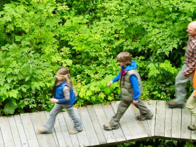 family walking on bridge