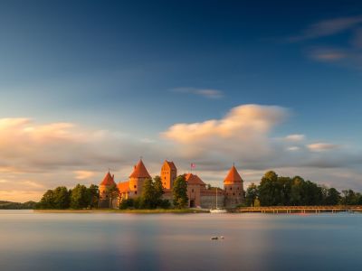 Old castle in sunset time. Trakai, Lithuania, Eastern Europe.