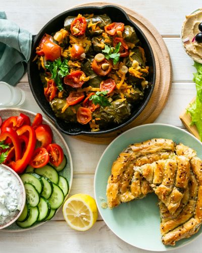Selection of Traditional Greek Food - Salad Meze Pie Fish