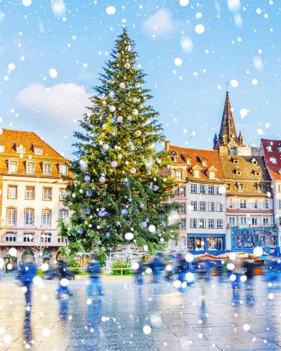 Christmas tree and xmas market at Kleber Square in medieval city of Strasbourg
