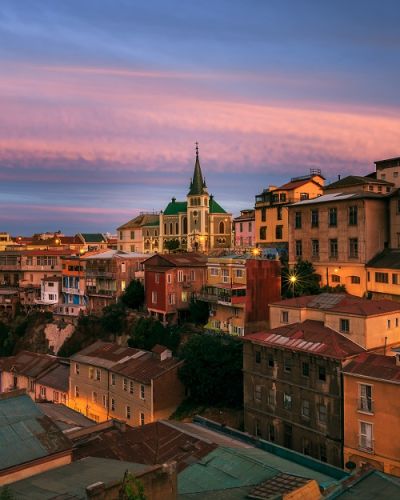 Iglesias Luterana, Valparaiso Bay at dusk, Chile, South America