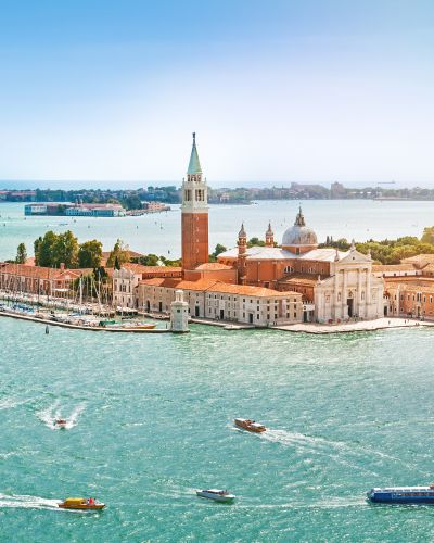 Enchanting Travels Italy Tours Panoramic aerial view at San Giorgio Maggiore island, Venice, Veneto, Italy