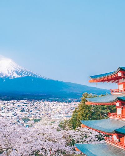 Enchanting Travels Japan Tours Red Pagoda with Mt Fuji on the background