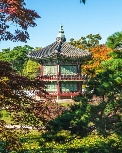 Von Bäumen umrahmter Pavillon in den Gärten des Gyeongbokgung Palastes in Seoul Südkorea