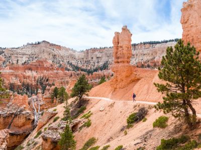 Hiker woman in Bryce Canyon hiking looking and enjoying view during her hike wearing hikers backpack. Bryce Canyon National Park landscape, Utah, United States.